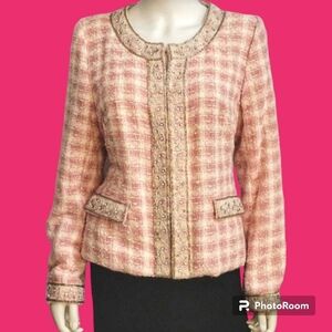 BEREK by TAKAKO SAKON Pink Plaid Tweed Lace Beaded Embellished Blazer